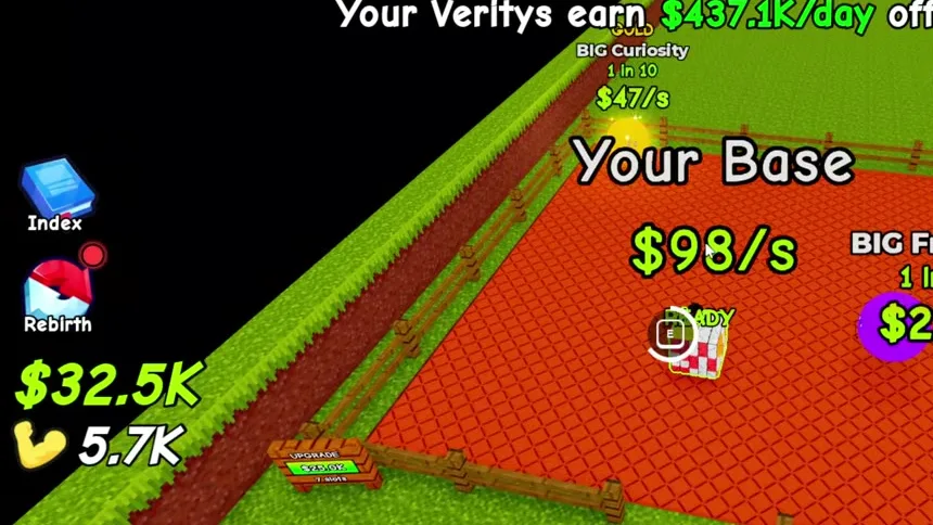 A developed base during the night event: floating creature labels with roll odds and $/s income, the Your Base header totaling $98/s, and a system line reading Your Veritys earn $437.1K/day offline