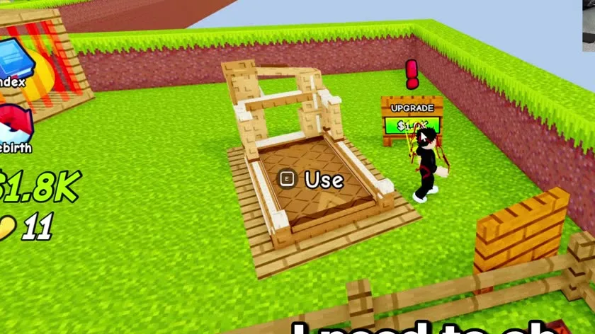 An early-game base: an empty use pad with an E prompt, an UPGRADE sign priced at $1.0K, and the fenced grass plot
