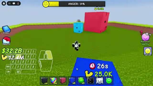 Boxes in the wild: a blue box on a pad with a 26-second timer and value badge, a red cube worth 1.35M, and the cash HUD