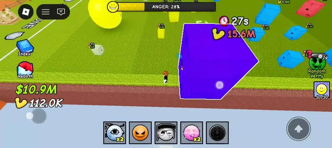 Verity’s Game HUD in motion: ANGER meter at 28%, colored boxes with visible value badges, and a purple crystal on the field