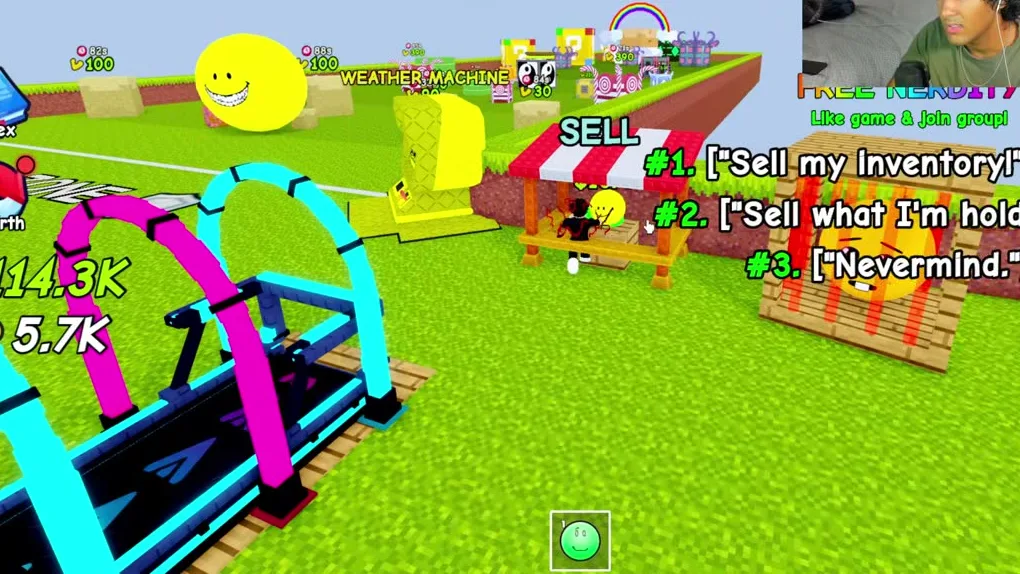 The SELL stand mid-dialog: three numbered options — Sell my inventory, Sell what I’m holding, Nevermind — with the Weather Machine and treadmill in frame