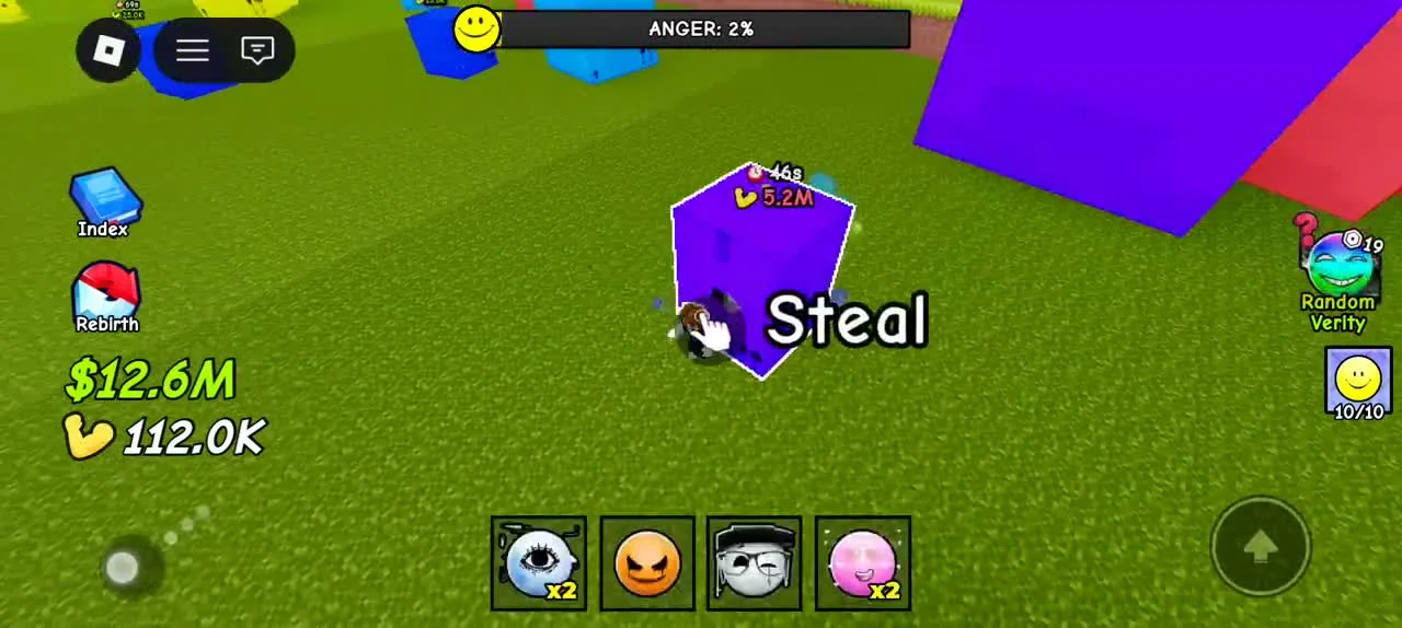 The Steal prompt with its hand icon over a target box, with the cash HUD and ANGER meter visible