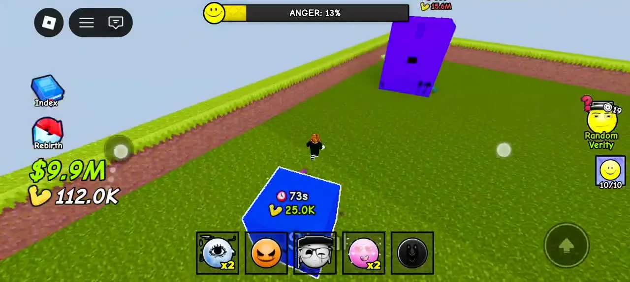 A first view of a Verity’s Game server: grass tycoon plots, a blue box on a timed pad, a large purple box, and the full HUD — cash, ANGER meter, Index and Rebirth buttons