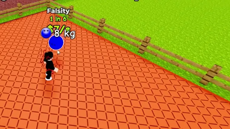 A player placing a Falsity on their base — the floating label shows 1 in 6 odds, $7/s and an 8 kg weight